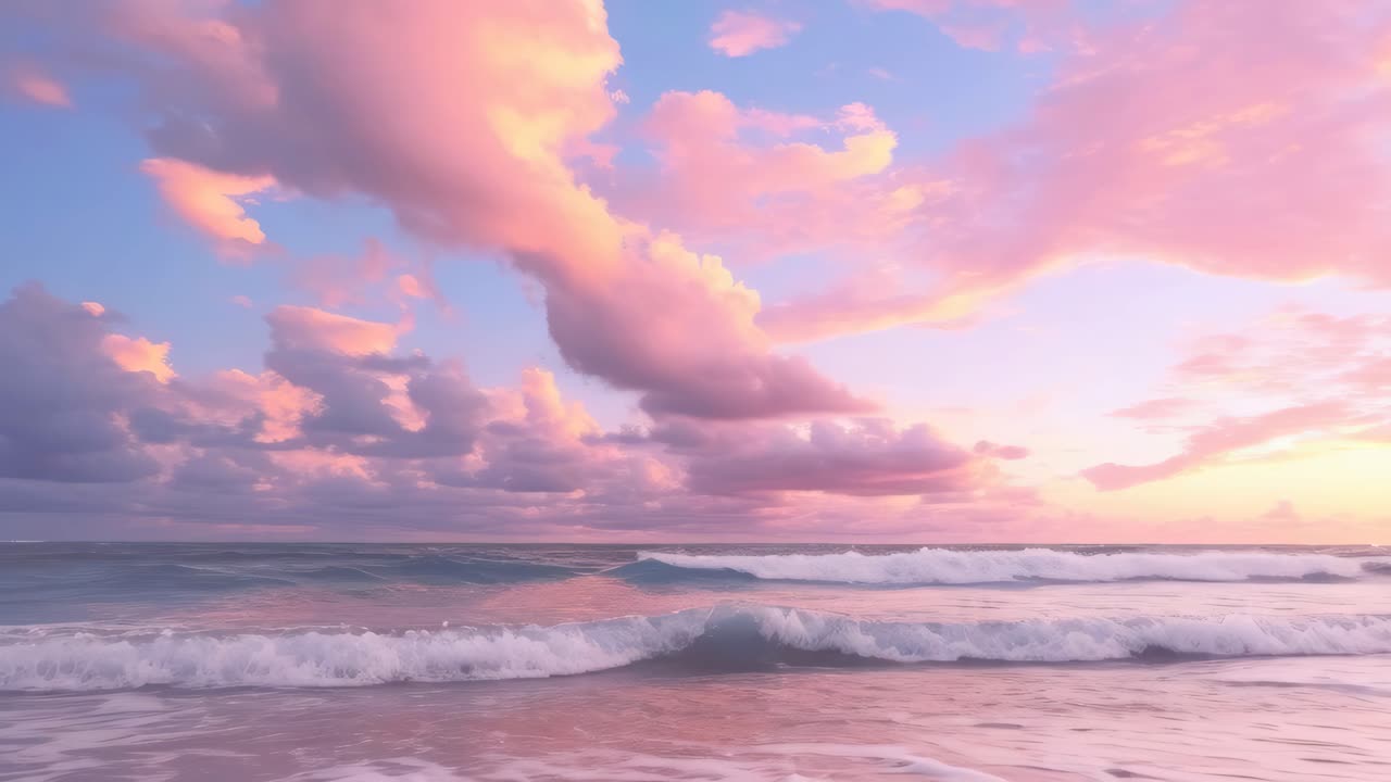A serene beach scene at sunset with pink clouds, captured from a low angle