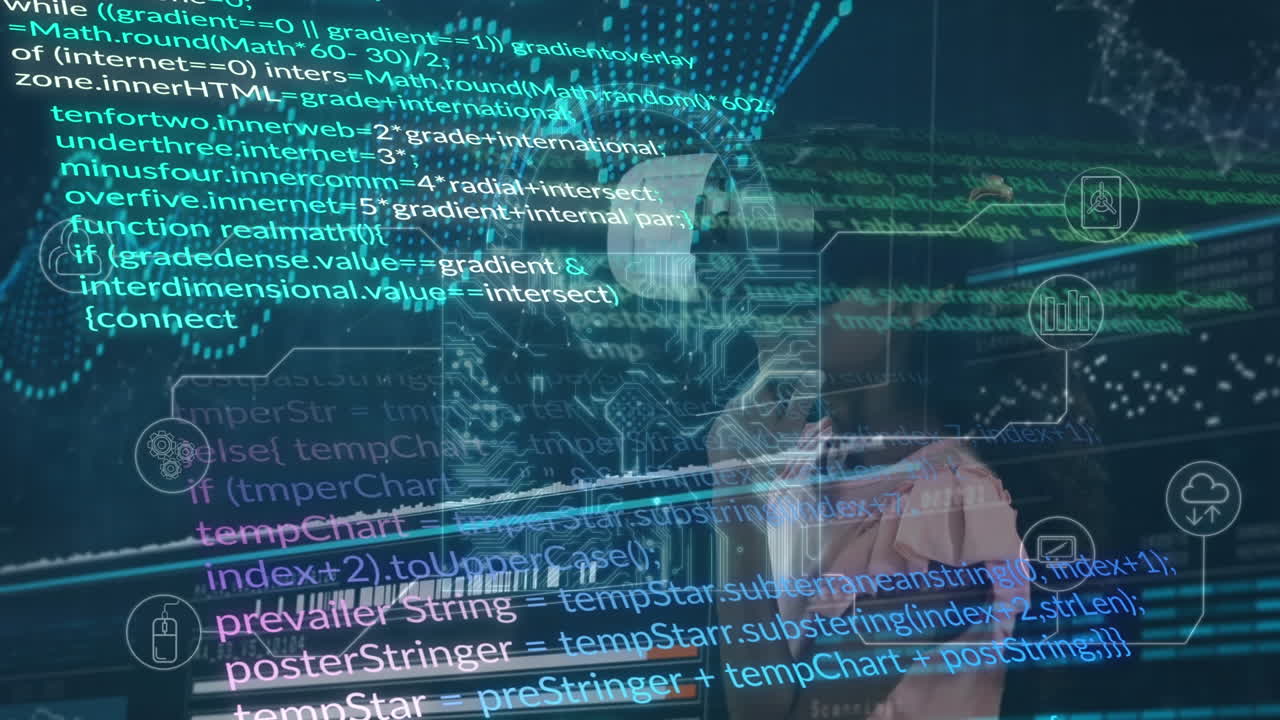 animación del procesamiento de datos sobre una chica biracial usando auriculares vr