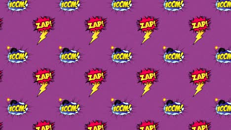 animation of multiple vintage comic cartoon speech bubbles with zap! and boom! text moving