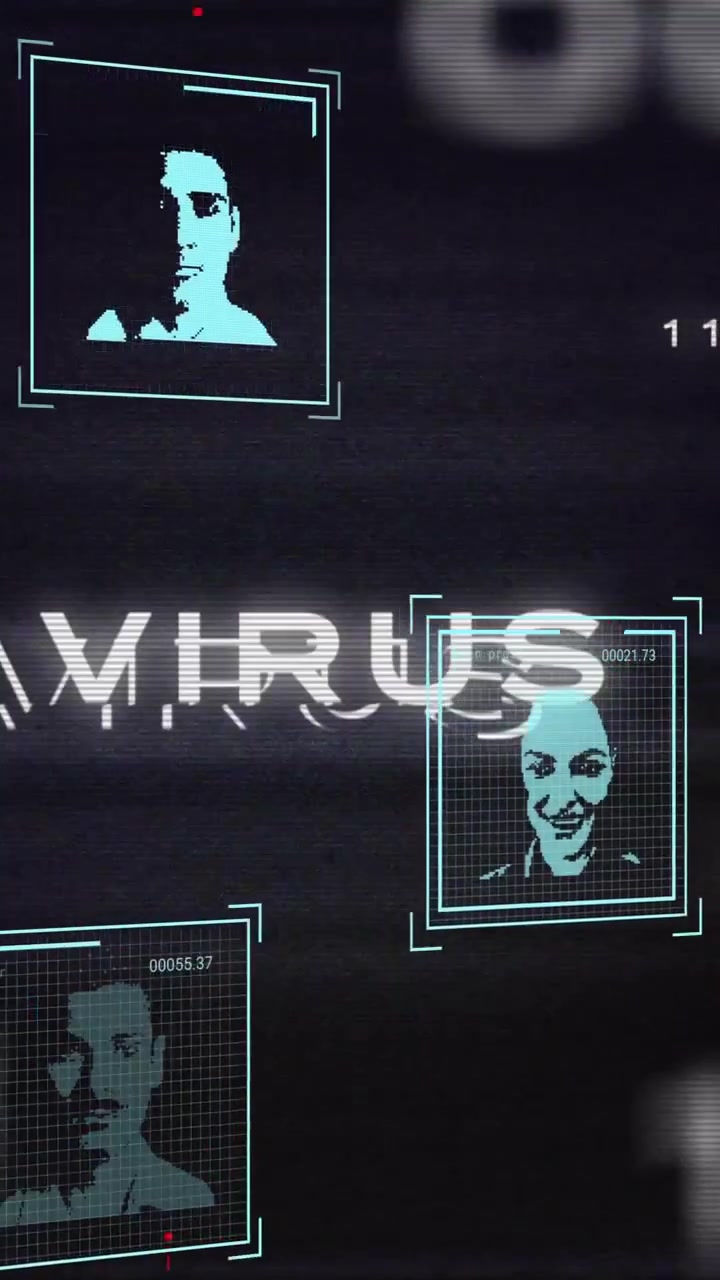 Animation of data processing and people icons over virus text