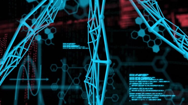 3D cyan lattice structure being displayed on interface, with hexagonal molecules, waveform and code