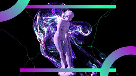 animación de una escultura gris de una mujer sobre formas y fondo negro