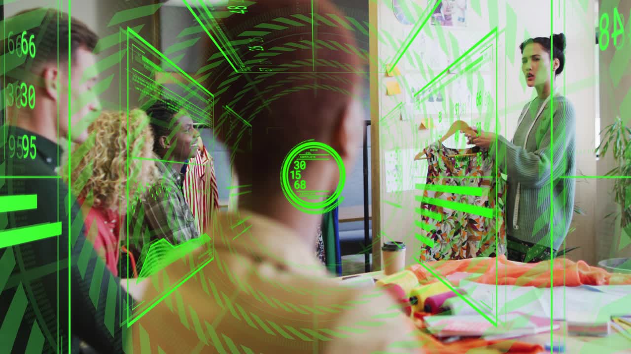 Male viewer watching presenter lifting print dress, HUD over head updating for fashion review