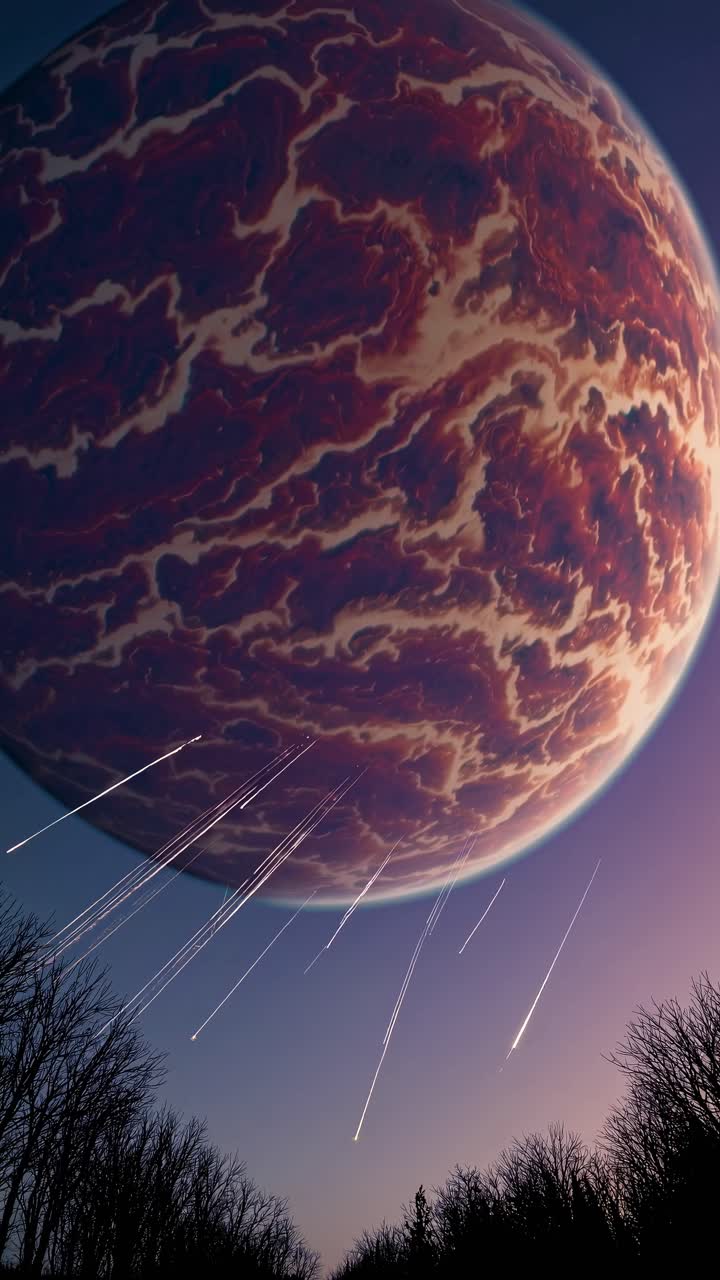 Un concept video surreale che mostra un enorme pianeta colorato con fulmini, visto da lontano