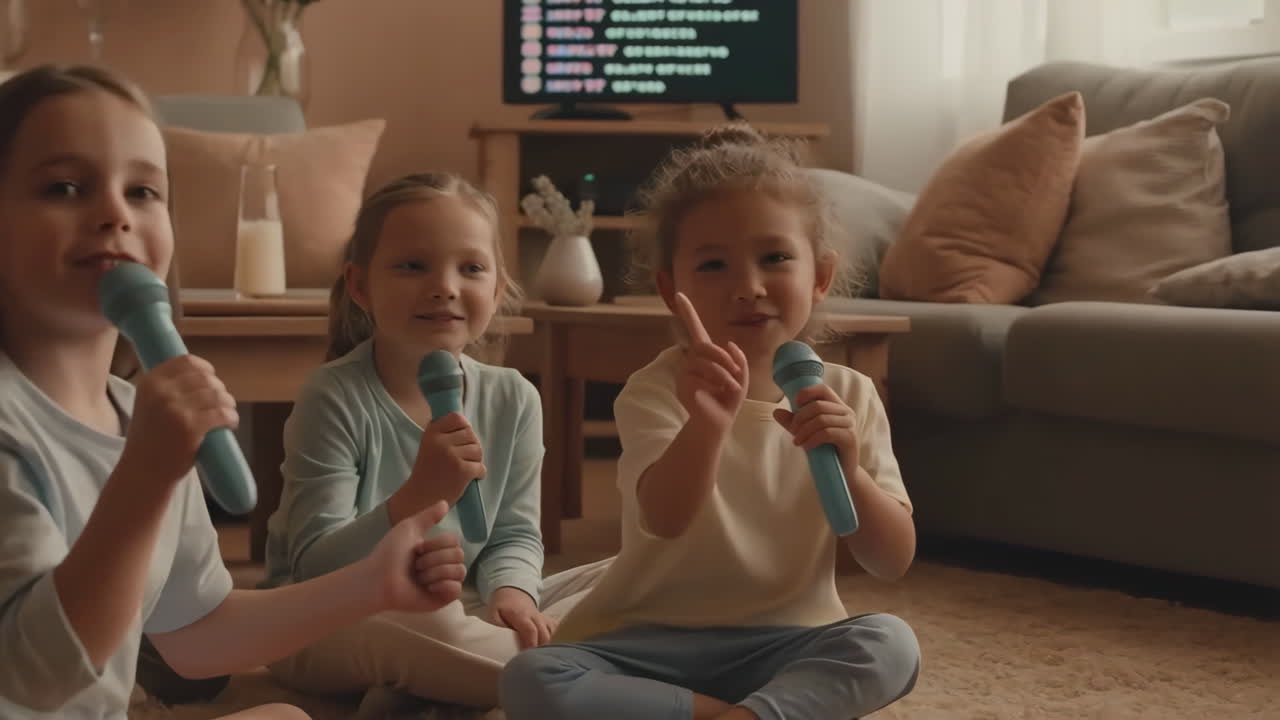 Children singing karaoke at home