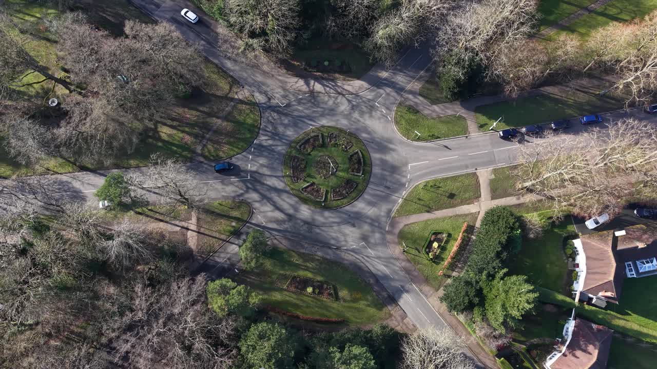Sollershott circus, the first roundabout in the uk, with cars and trees, aerial view