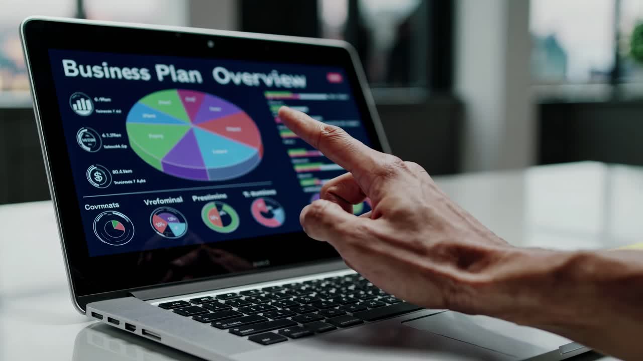 Close-up angle of a hand interacting with a laptop displaying a business plan overview