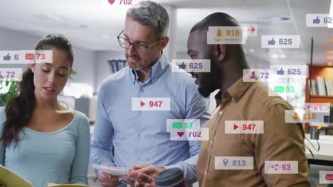animation of mouse arrow clicking notification bars, diverse coworkers discussing report on tablet