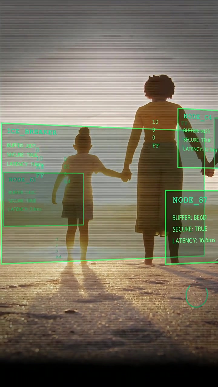 Video verticale: Donna che tiene per mano dei bambini mentre camminano verso il mare, un terzo si unisce, i bambini saltellano, HUD tecnologico NODE_87.
