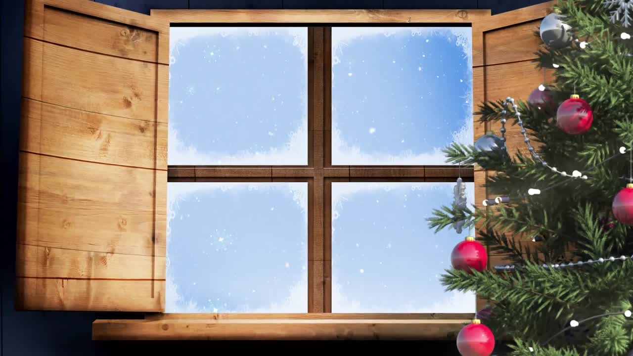 Animation af faldende sne over et vindue med juledekorationer.