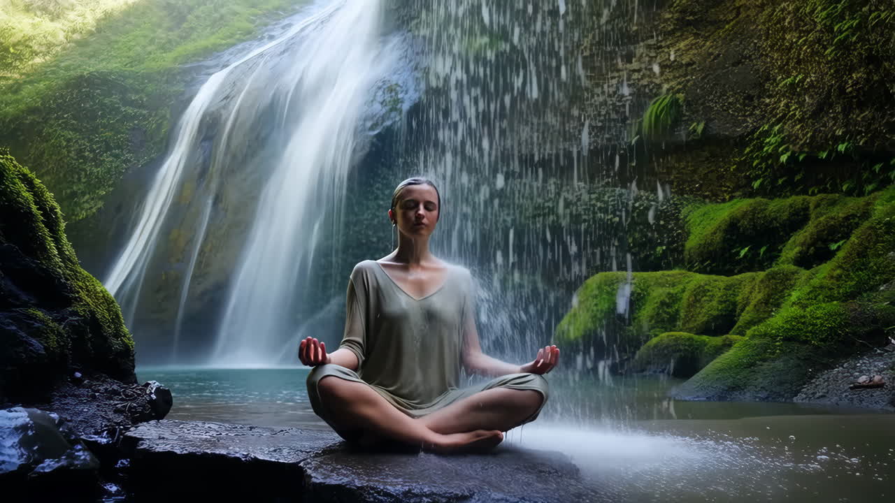 mujer meditando junto a una cascada