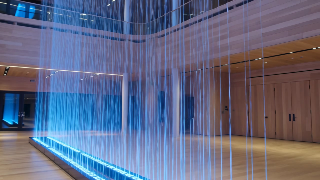 Flowing tall blue-lit water curtain cascading into illuminated trough in atrium, mezzanine visible