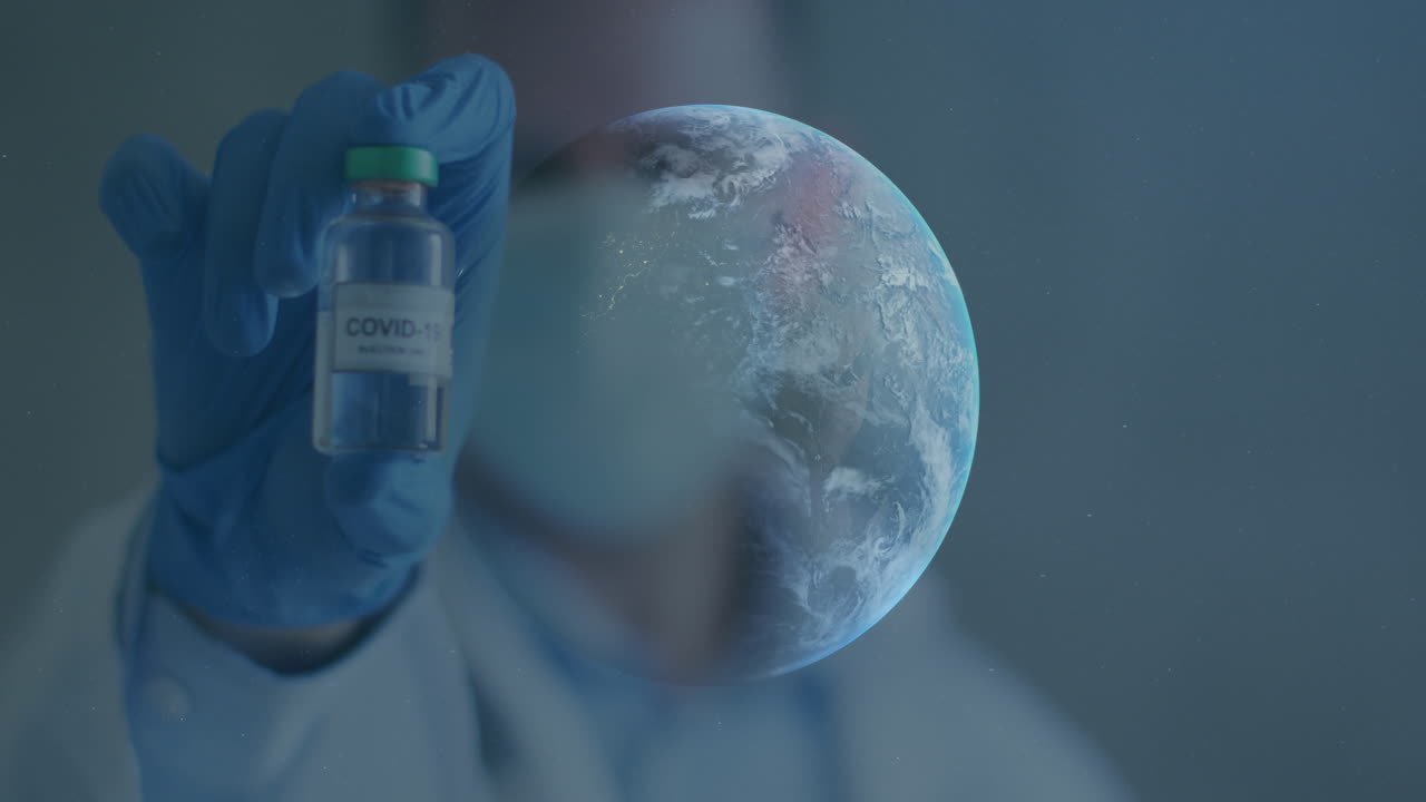 Animation of globe spinning with scientist holding covid-19 vaccine wearing face masks