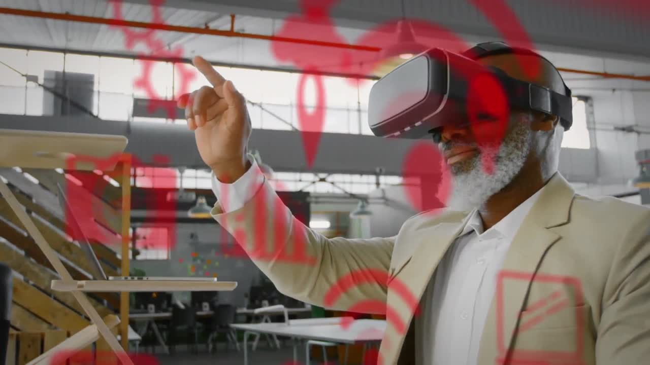Multiple digital icons against african american senior businessman wearing vr headset at office