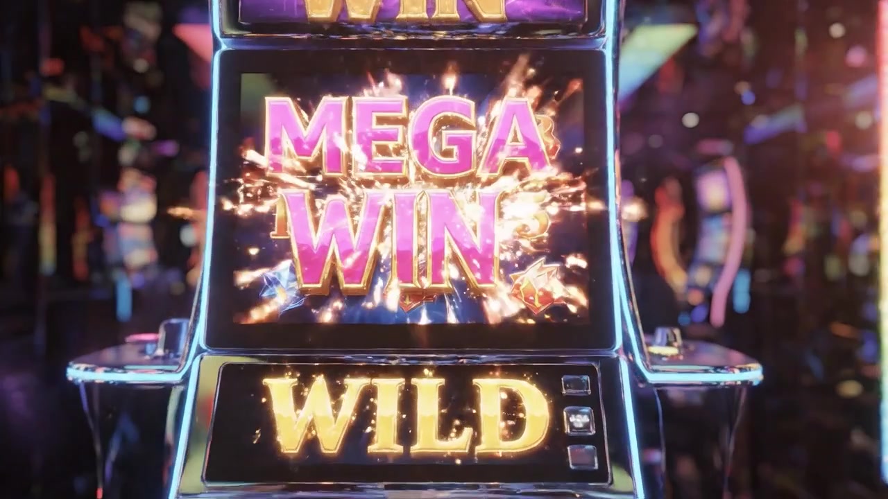 A Glimmering Slot Machine in a Vibrant Casino, Showcasing a Mega Win, Surrounded by Shimmering Lights and Reflective Surfaces for a Captivating Experience.