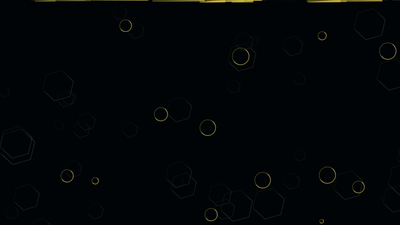 Abstract Motion Background with Floating Golden Hexagons and Circles