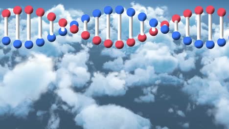 구름이 많은 파란 하늘 위에서 회전하는 dna 가닥의 애니메이션