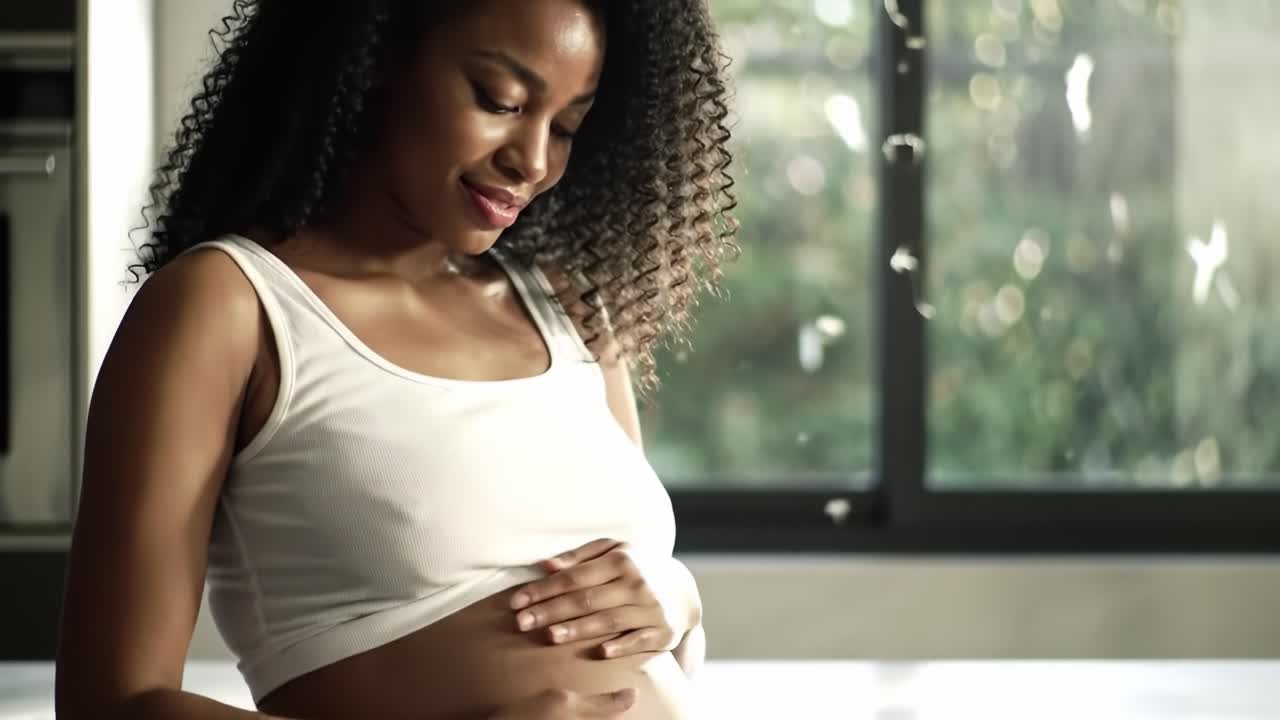 An expecting mother stands in her cozy kitchen, gently touching her rounded baby bump. Warm sunlight filters through the windows, creating a serene atmosphere.
