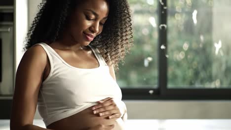 an expecting mother stands in her cozy kitchen, gently touching her rounded baby bump. warm sunlight filters through the windows, creating a serene atmosphere.
