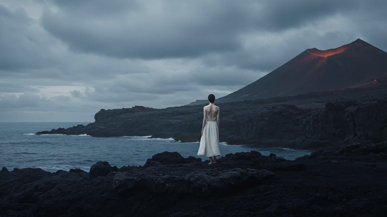 A Mystical Figure Stands Against a Dramatic Landscape of Volcanic Rock and Ocean with a Fiery Mountain Peak, Evoking a Sense of Wonder and Solitude