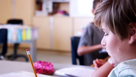 Elementary-school-schoolboy-doing-a-test-in-class,-close-up