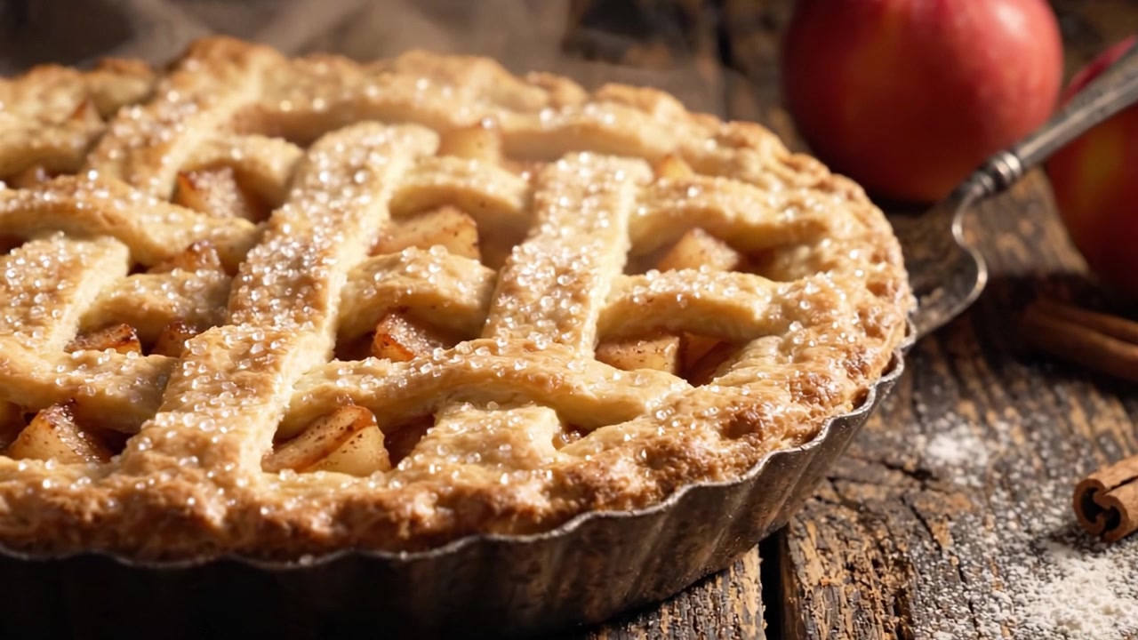Torta di mele deliziosamente cotta con crosta a griglia e cannella, perfettamente dorata e una spolverata di zucchero su un tavolo di legno rustico.