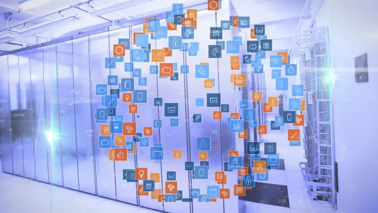 Animazione di icone multimediali e punti luce su sala server