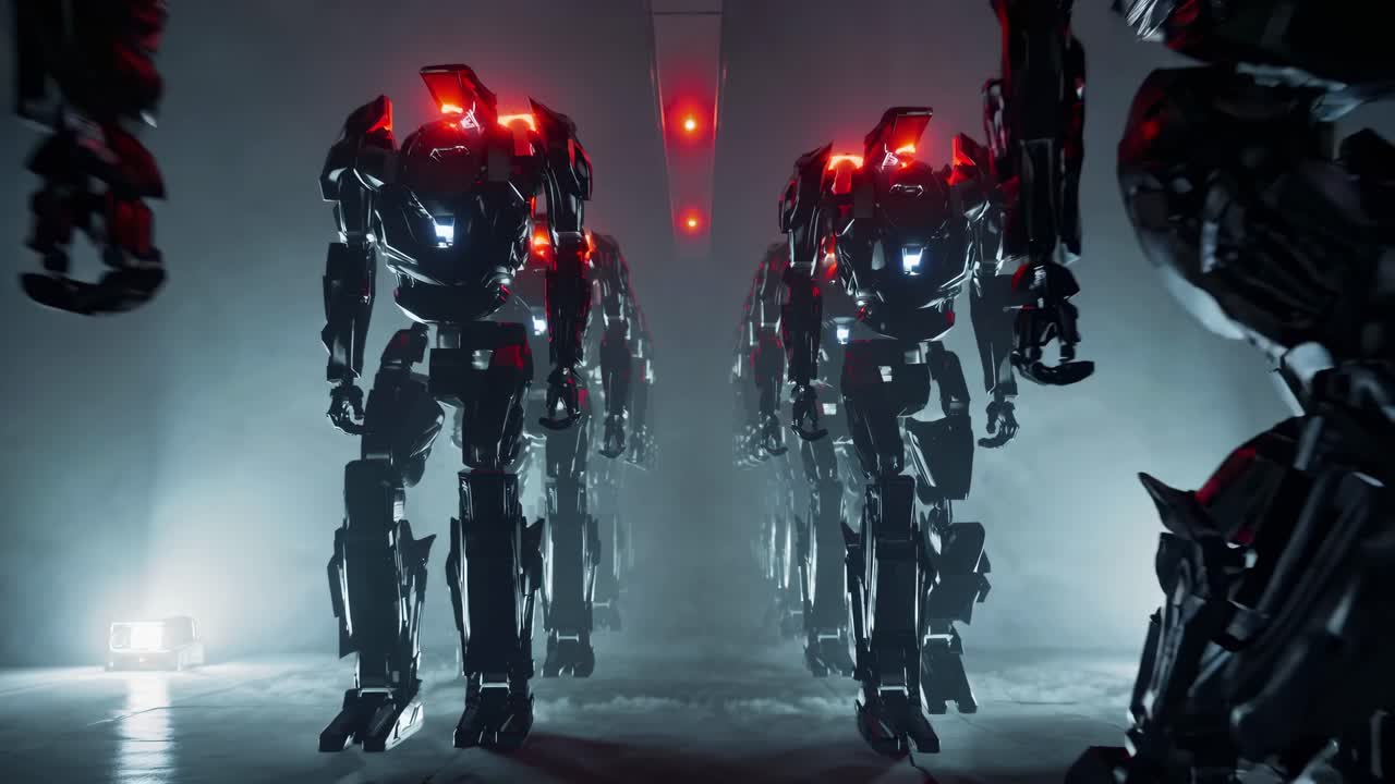Robot futuristici marciano in un corridoio scarsamente illuminato. L'angolazione dal basso enfatizza la loro imponente presenza.
