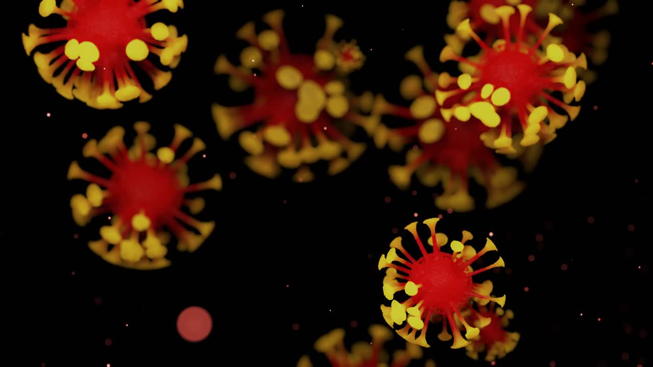 close-up coronavirus type covid-19, h1n1, bird flu or swine flu move smoothly in fluid 3d representation of virus as microbiological microscopic looped background. Red yellow gradient color