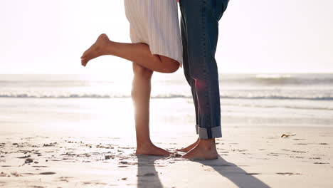 feet, legs and couple with love on a beach