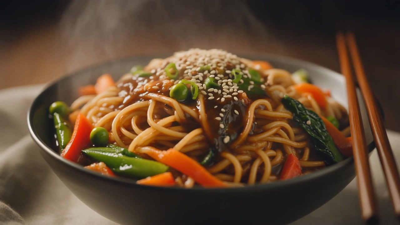 Ciotola fumante di noodles saltati in padella con verdure e semi di sesamo