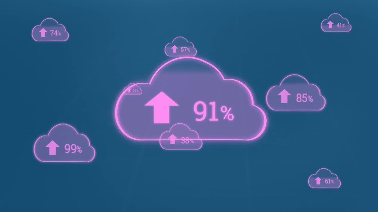 파란색 배경에 그래프와 차트 위에 숫자를 가진 구름의 애니메이션