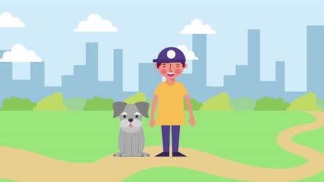 young boy with his dog in the city park