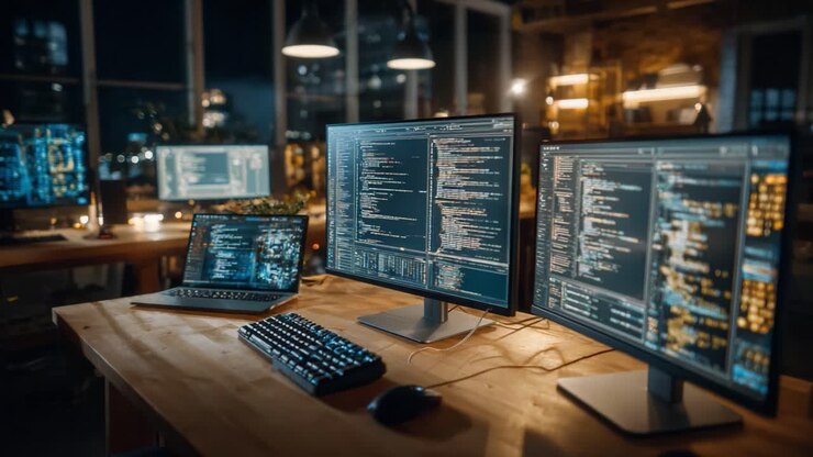 A Modern Workspace Showcasing Multiple Computer Screens Displaying Lines of Code in a Well-Lit Room at Night, Emphasizing the Technological Environment and Coding Culture