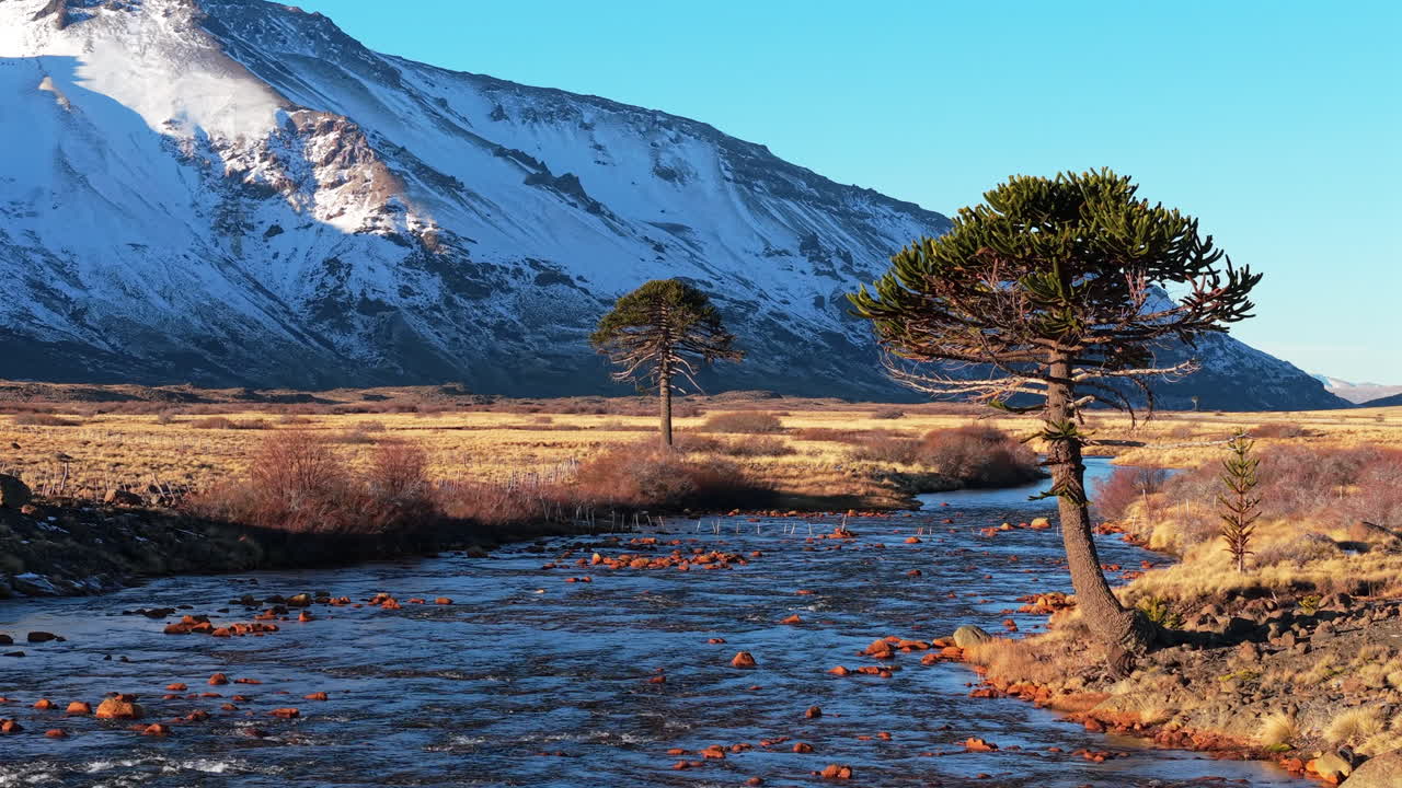 Aerial Drone Establishing fly River Caviahue, Patagonian Mountains in Neuquén Argentina