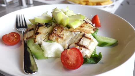 filete de pescado a la parrilla con ensalada en un plato