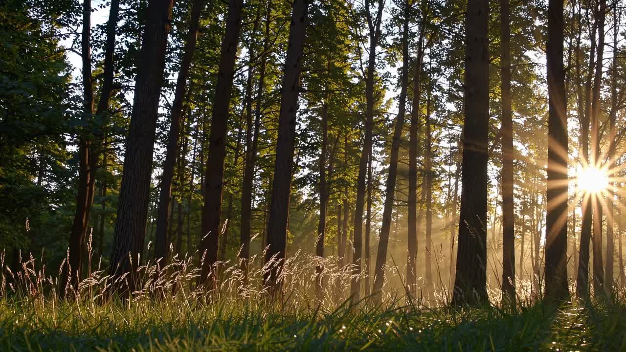 Low-angle video shot of a sunlit forest, capturing sun rays through tall trees, with a serene