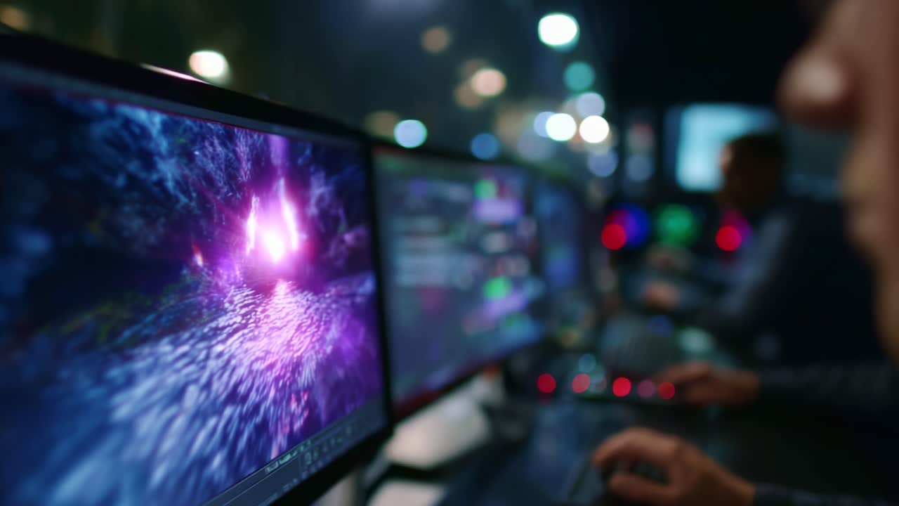 A Close-Up View of Advanced Graphics Software in Use by a Skilled Operator at Night, Showcasing Stunning Visual Effects and Urban Lighting Atmosphere