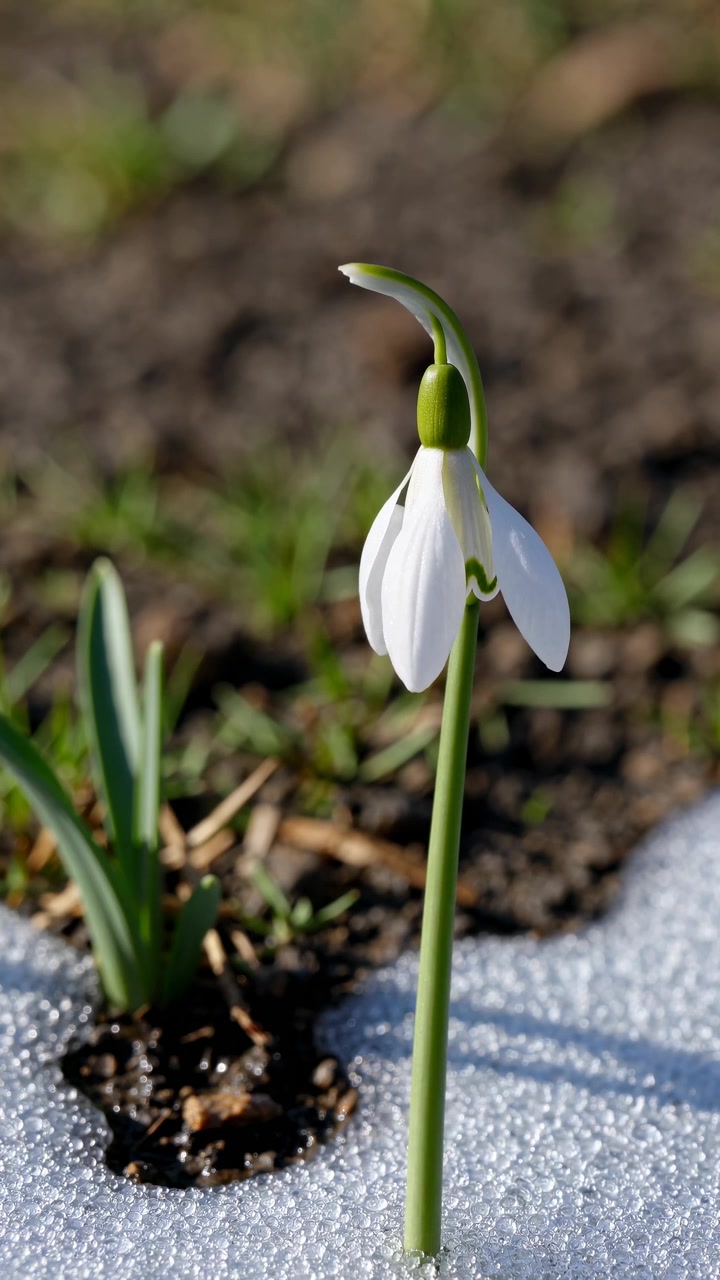 Delicato fiore di bucaneve bianco che sboccia attraverso la neve che si scioglie