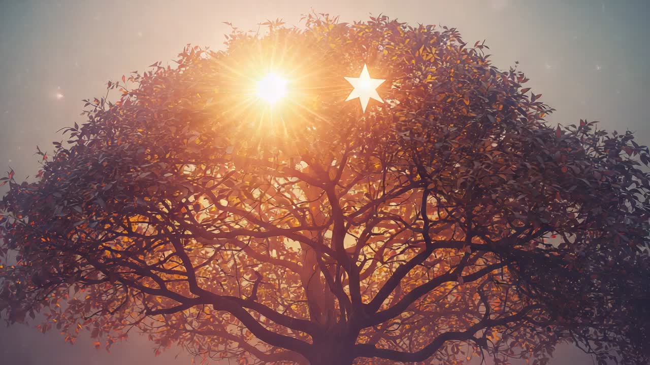 Orbe luminescent apparaissant et étoile à six branches palpitant dans la canopée d’un arbre au coucher du soleil, projetant des reflets rythmiques