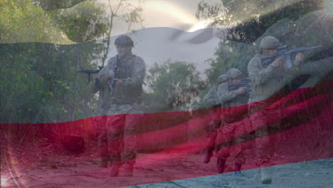 animation of flag of russia over diverse male soldiers walking with weapon