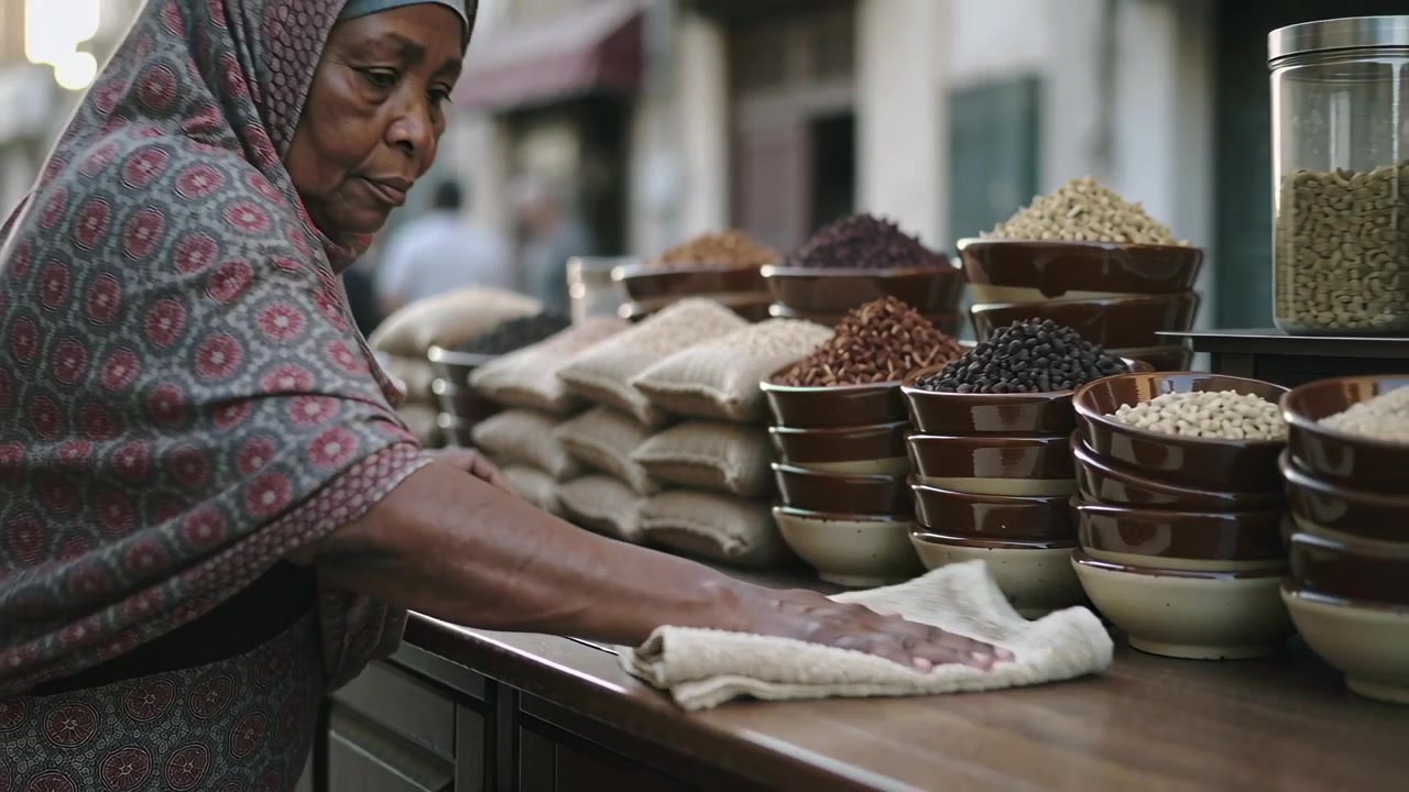 Venditrice con sciarpa e abito a maniche lunghe pulisce il bancone dello stand, preparando la merce per la vendita