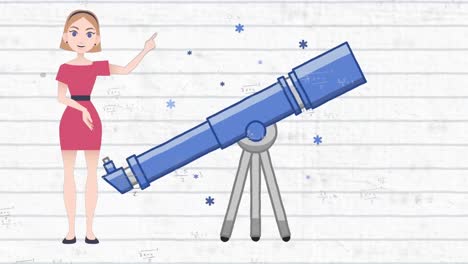 animación de una mujer hablando sobre el icono del telescopio