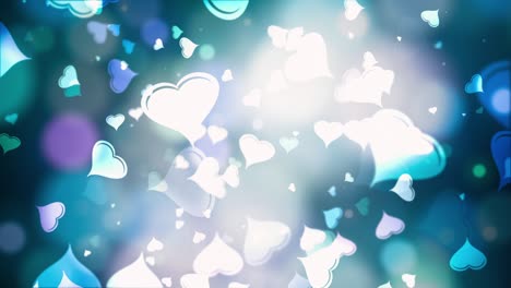 3d hermoso brillo azul verde corazón bokeh y desfocado bokeh luz de fondo. abstracto caída hermoso corazón 4k bucle de animación de fondo para el día de san valentín, día de san valentine, día de la madre,