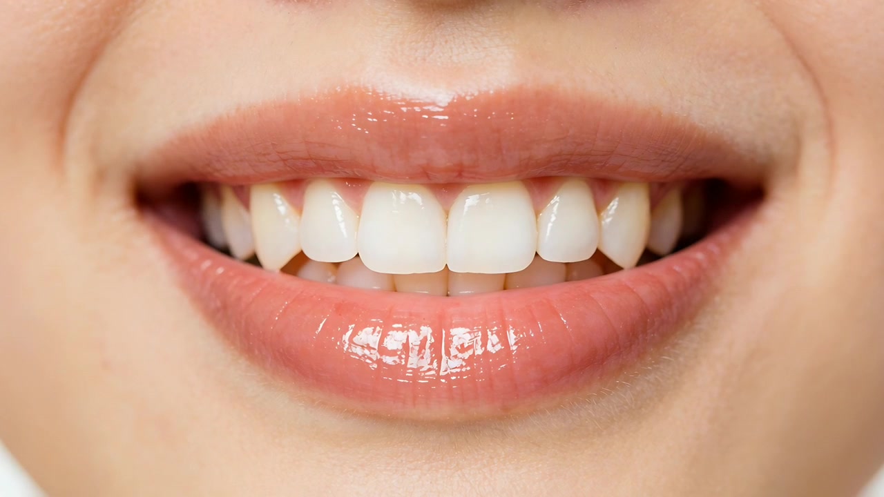 Recording mouth widening then relaxing smile in studio closeup showing upper teeth and gloss
