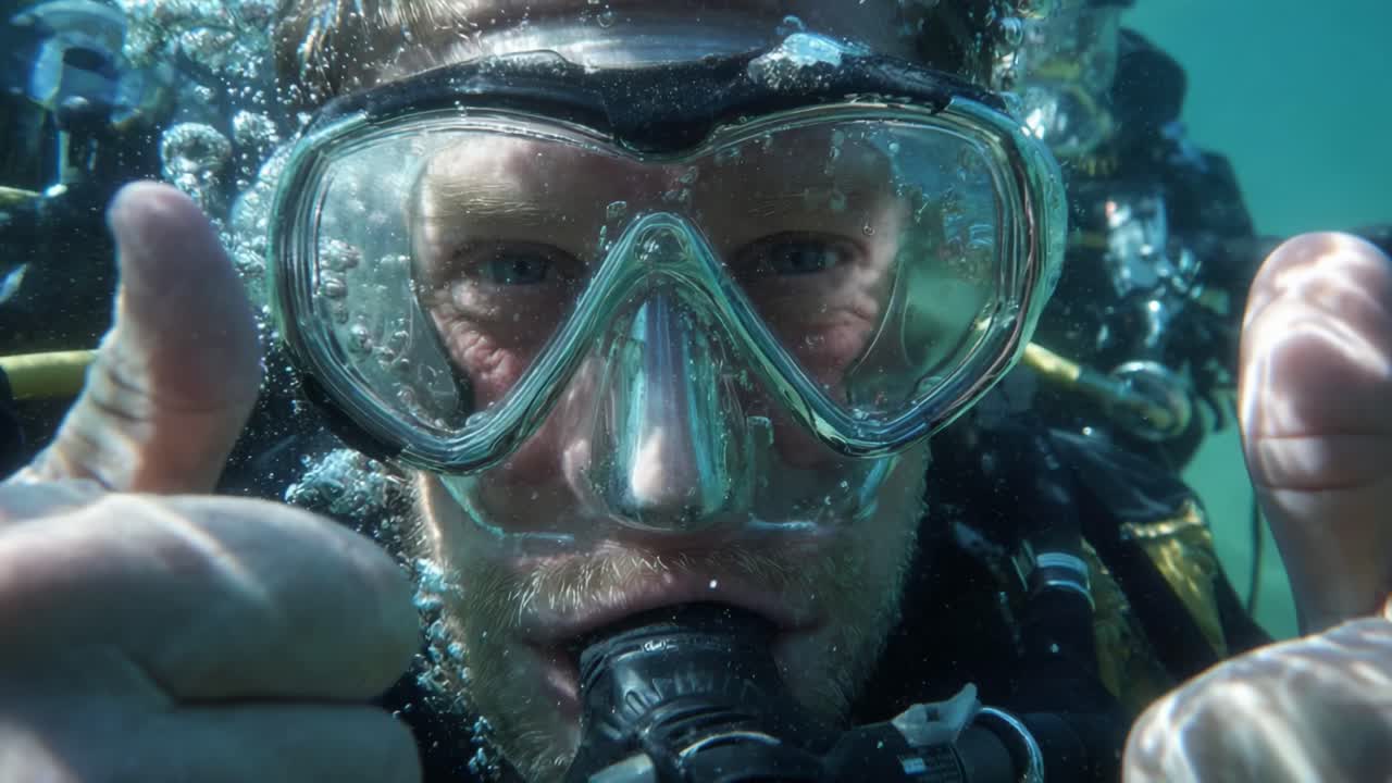 Exciting Underwater Experience: A Diver's Enthusiastic Thumbs Up Signaling Joy and Adventure Beneath the Surface, Capturing the Essence of Scuba Diving and Marine Exploration in Vibrant Colors and Clear Water