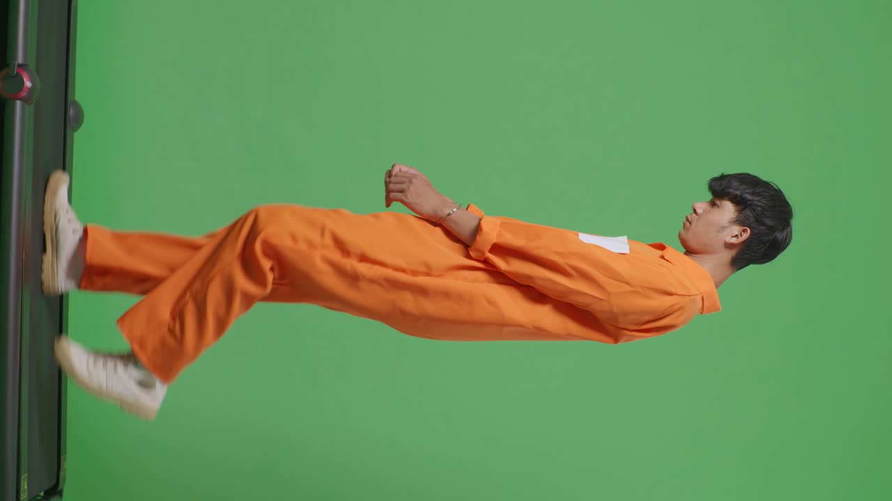 면 뷰: 손에 인 아시아 남성 죄수의 몸 전체가 녹색 스크린 배경에서 고 있습니다.