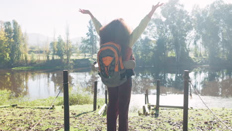 woman, morning sunshine and hiking