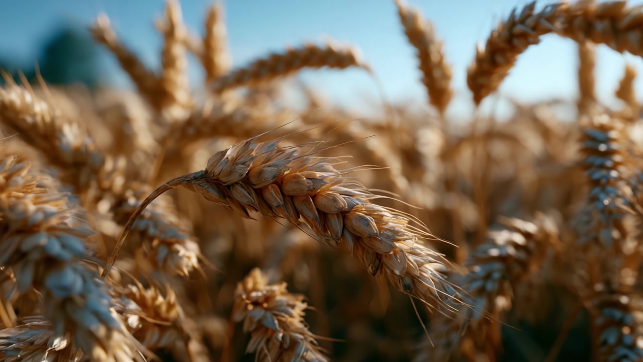 Um Close-Up de Espigas de Trigo Douradas: Capturando a Beleza de um Campo de Grãos Sob o Belo Céu