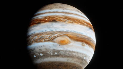 zoom lento en la superficie del planeta júpiter con la gran mancha roja girando en sentido contrario a las agujas del reloj y nubes en movimiento lento